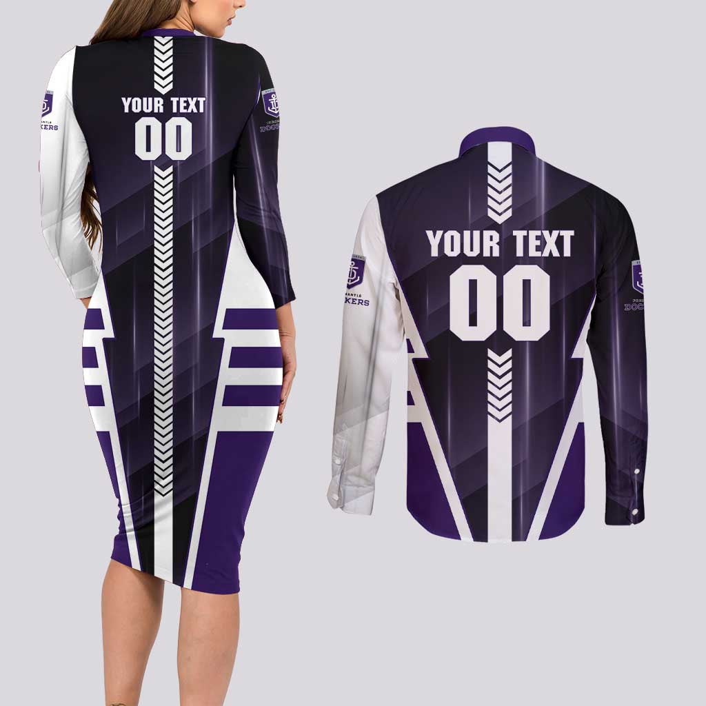 Personalized Fremantle Dockers Couples Matching Long Sleeve Bodycon Dress and Long Sleeve Button Shirt Modern Geometric Sports Graphic Style
