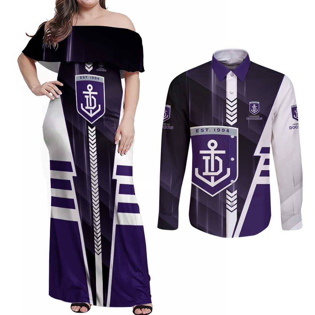 Personalized Fremantle Dockers Couples Matching Off Shoulder Maxi Dress and Long Sleeve Button Shirt Modern Geometric Sports Graphic Style