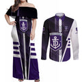 Personalized Fremantle Dockers Couples Matching Off Shoulder Maxi Dress and Long Sleeve Button Shirt Modern Geometric Sports Graphic Style