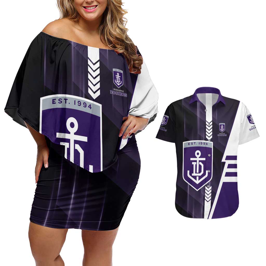 Personalized Fremantle Dockers Couples Matching Off Shoulder Short Dress and Hawaiian Shirt Modern Geometric Sports Graphic Style