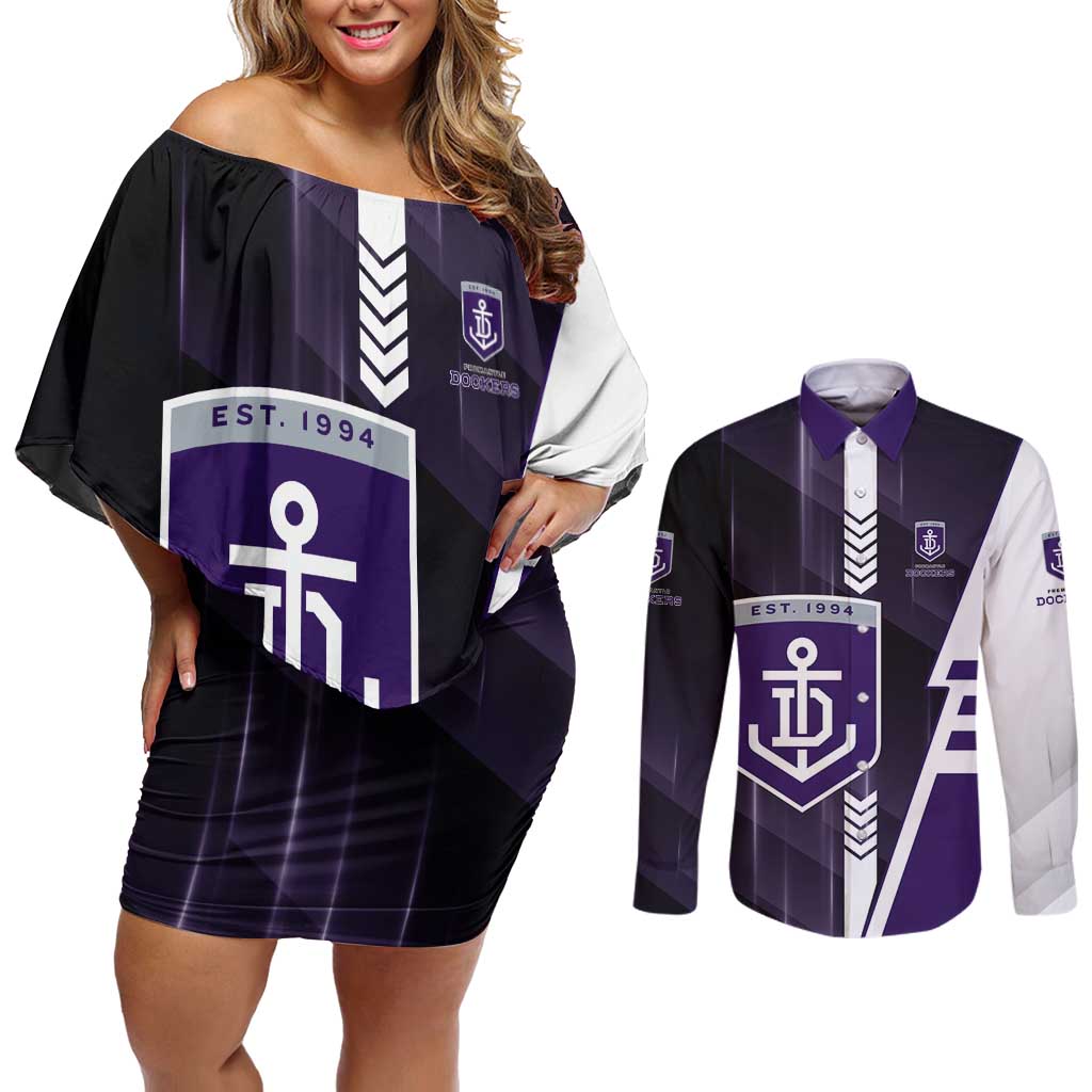 Personalized Fremantle Dockers Couples Matching Off Shoulder Short Dress and Long Sleeve Button Shirt Modern Geometric Sports Graphic Style