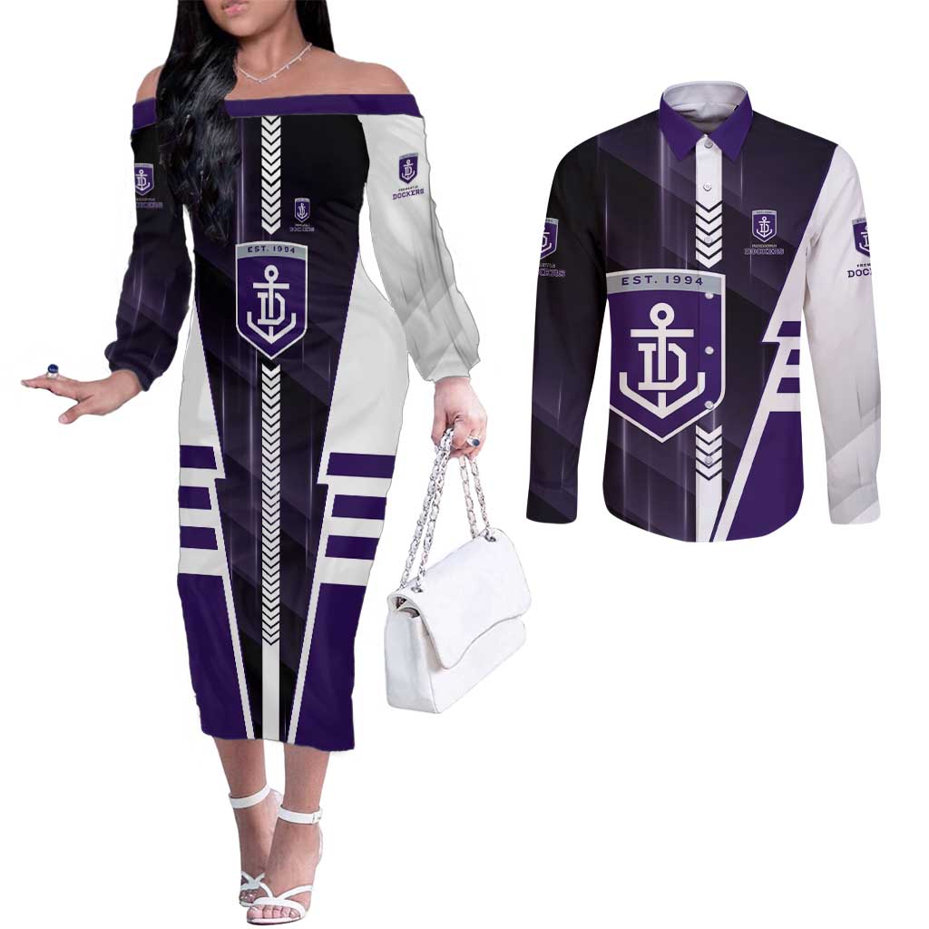 Personalized Fremantle Dockers Couples Matching Off The Shoulder Long Sleeve Dress and Long Sleeve Button Shirt Modern Geometric Sports Graphic Style