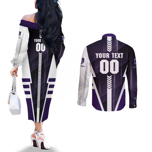 Personalized Fremantle Dockers Couples Matching Off The Shoulder Long Sleeve Dress and Long Sleeve Button Shirt Modern Geometric Sports Graphic Style
