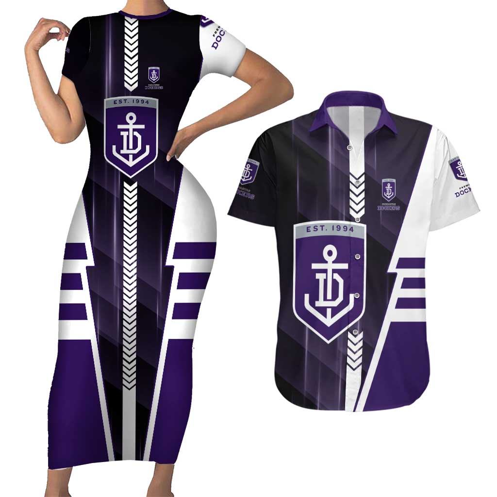 Personalized Fremantle Dockers Couples Matching Short Sleeve Bodycon Dress and Hawaiian Shirt Modern Geometric Sports Graphic Style