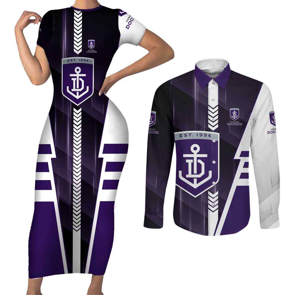 Personalized Fremantle Dockers Couples Matching Short Sleeve Bodycon Dress and Long Sleeve Button Shirt Modern Geometric Sports Graphic Style