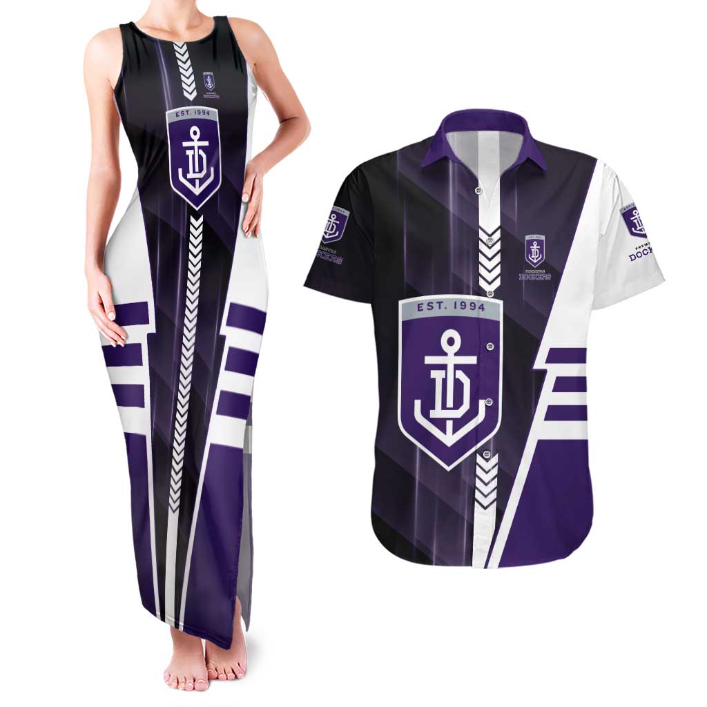 Personalized Fremantle Dockers Couples Matching Tank Maxi Dress and Hawaiian Shirt Modern Geometric Sports Graphic Style
