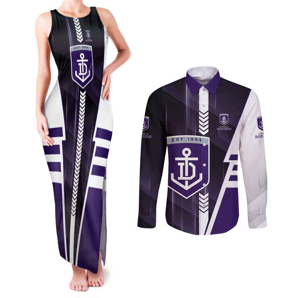 Personalized Fremantle Dockers Couples Matching Tank Maxi Dress and Long Sleeve Button Shirt Modern Geometric Sports Graphic Style