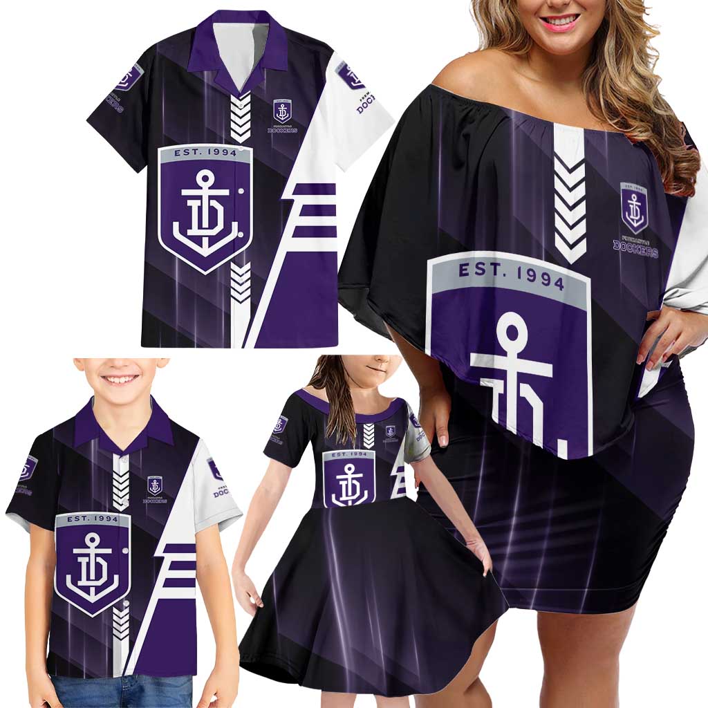 Personalized Fremantle Dockers Family Matching Off Shoulder Short Dress and Hawaiian Shirt Modern Geometric Sports Graphic Style