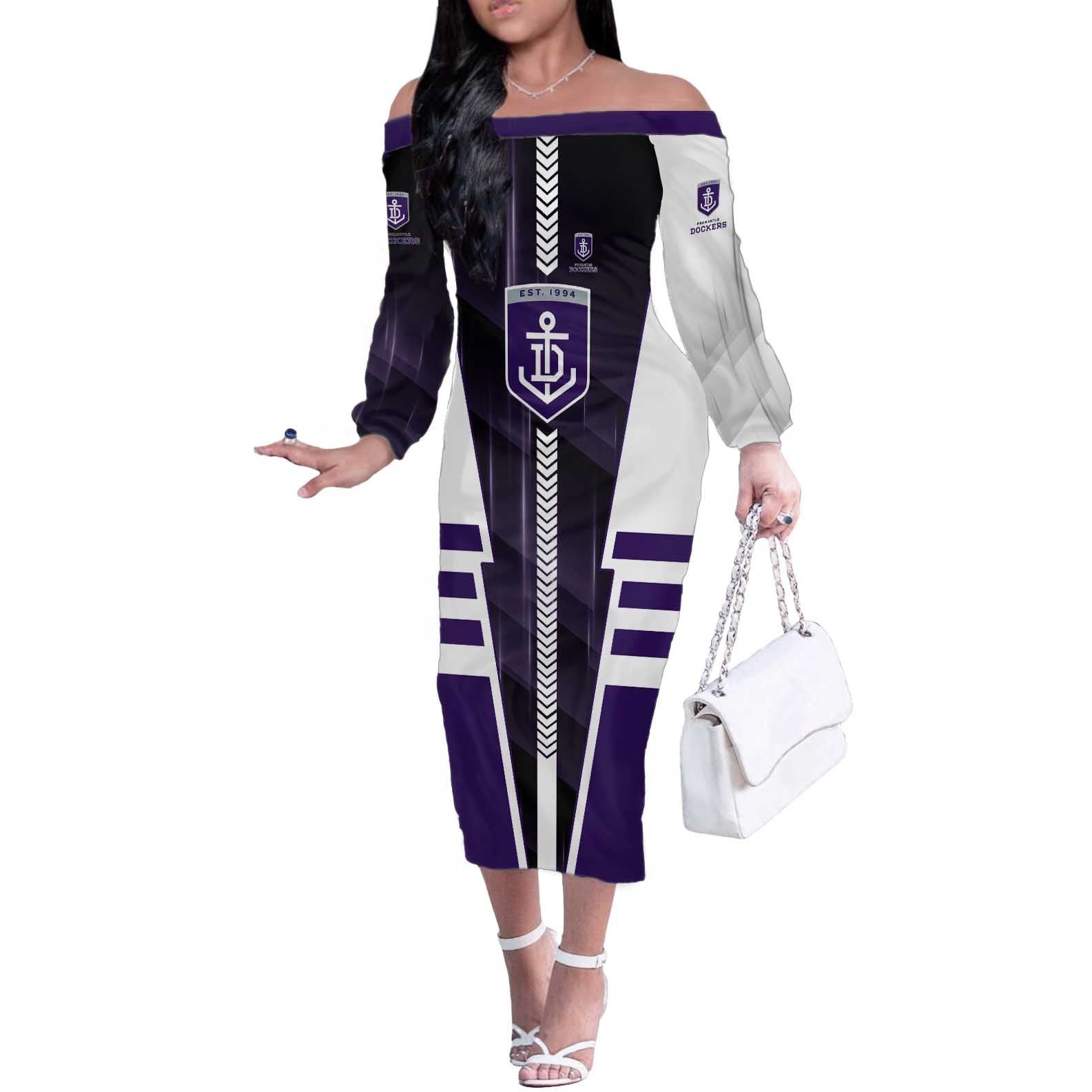Personalized Fremantle Dockers Off The Shoulder Long Sleeve Dress Modern Geometric Sports Graphic Style