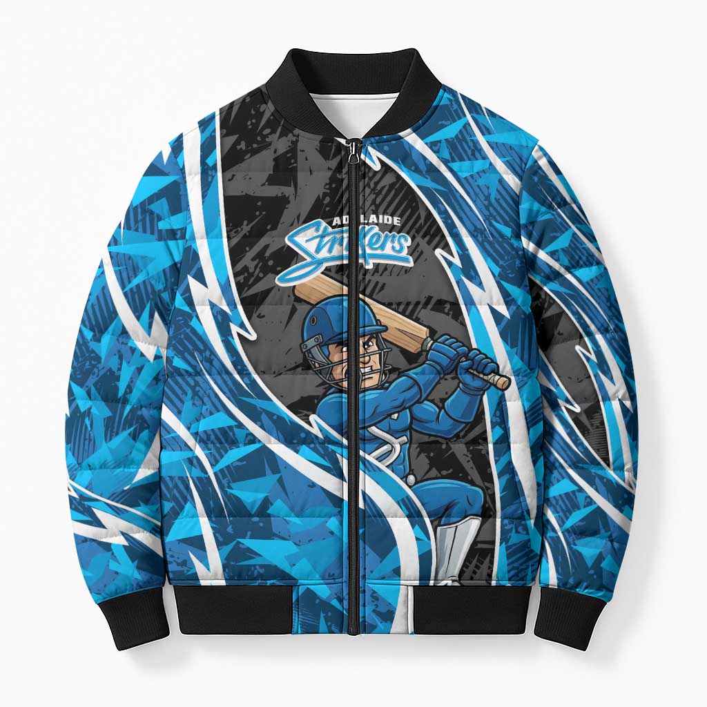 Adelaide Strikers Bomber Puffer Jacket Flaming Lightning Storm Geometric Sports Mascot Art