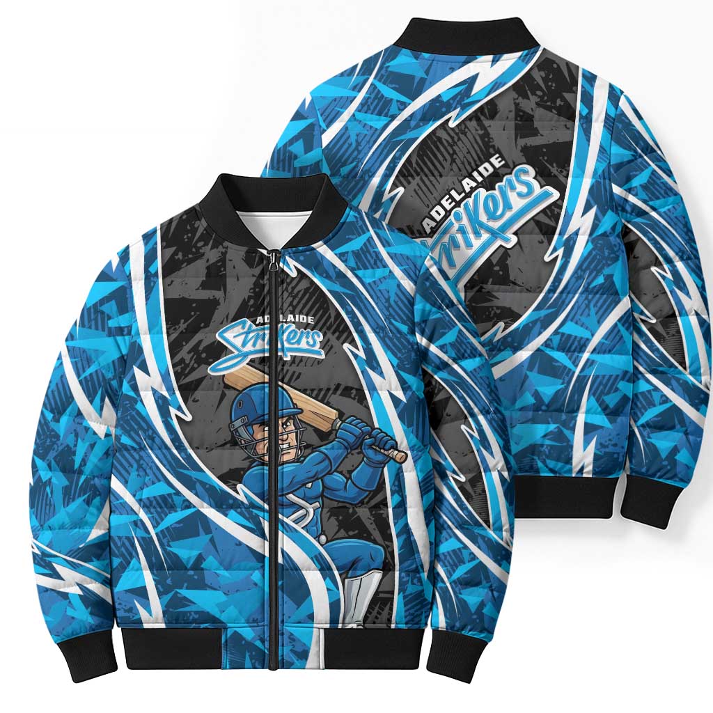Adelaide Strikers Bomber Puffer Jacket Flaming Lightning Storm Geometric Sports Mascot Art