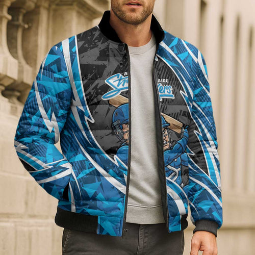 Adelaide Strikers Bomber Puffer Jacket Flaming Lightning Storm Geometric Sports Mascot Art
