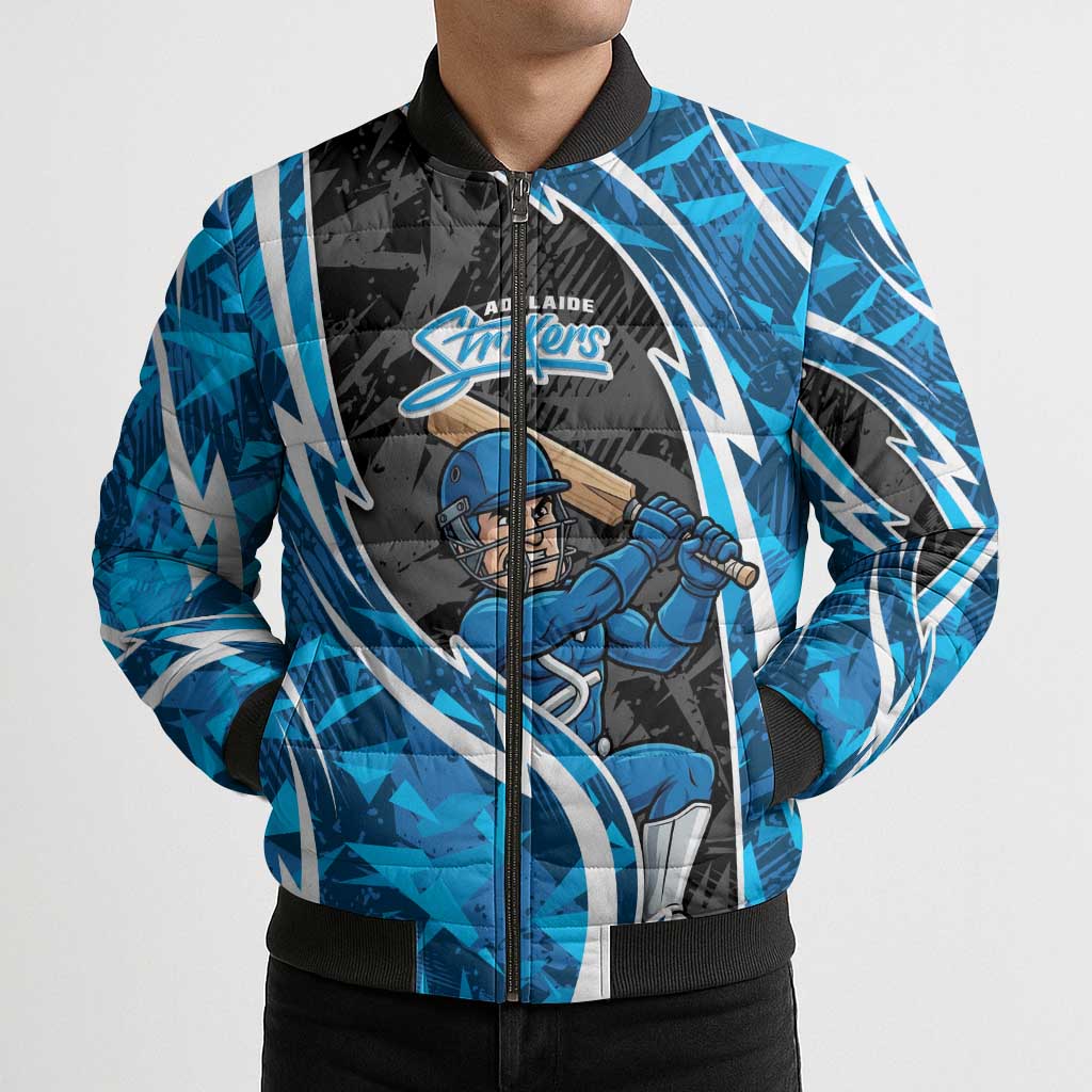 Adelaide Strikers Bomber Puffer Jacket Flaming Lightning Storm Geometric Sports Mascot Art