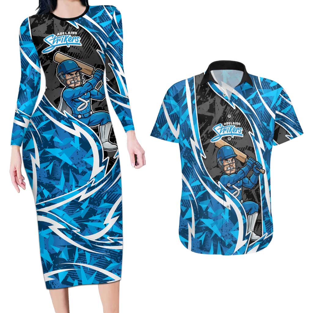 Adelaide Strikers Couples Matching Long Sleeve Bodycon Dress and Hawaiian Shirt Flaming Lightning Storm Geometric Sports Mascot Art
