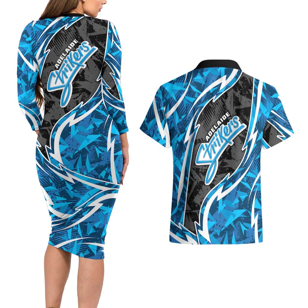 Adelaide Strikers Couples Matching Long Sleeve Bodycon Dress and Hawaiian Shirt Flaming Lightning Storm Geometric Sports Mascot Art