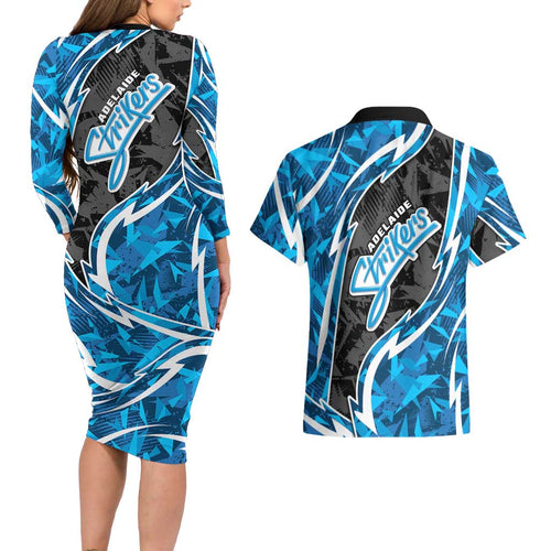 Adelaide Strikers Couples Matching Long Sleeve Bodycon Dress and Hawaiian Shirt Flaming Lightning Storm Geometric Sports Mascot Art