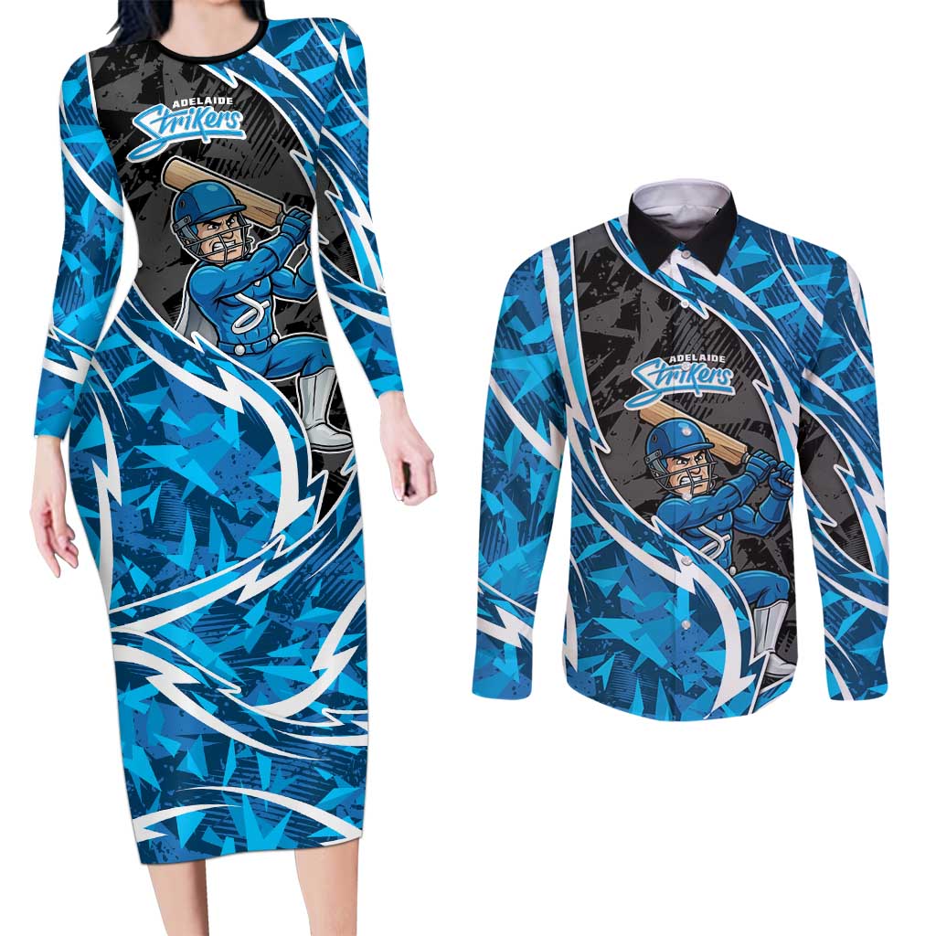 Adelaide Strikers Couples Matching Long Sleeve Bodycon Dress and Long Sleeve Button Shirt Flaming Lightning Storm Geometric Sports Mascot Art