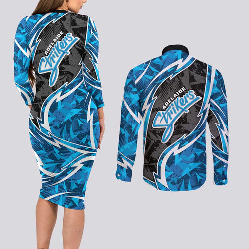 Adelaide Strikers Couples Matching Long Sleeve Bodycon Dress and Long Sleeve Button Shirt Flaming Lightning Storm Geometric Sports Mascot Art