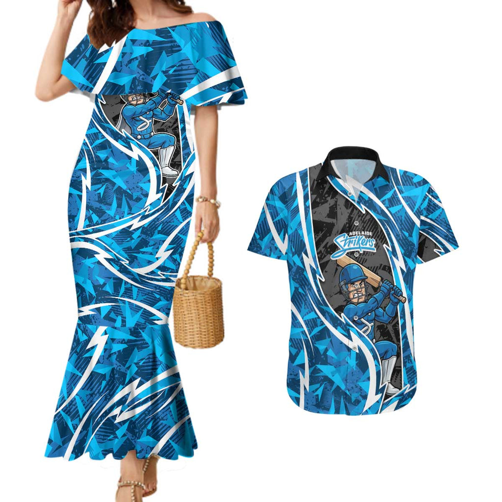 Adelaide Strikers Couples Matching Mermaid Dress and Hawaiian Shirt Flaming Lightning Storm Geometric Sports Mascot Art