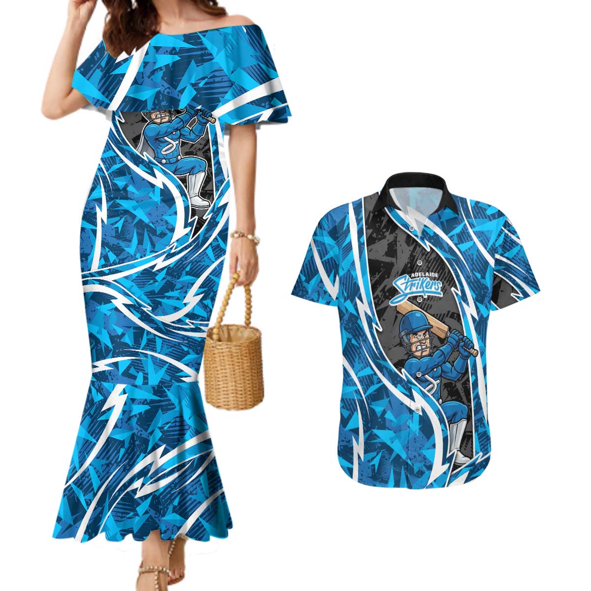 Adelaide Strikers Couples Matching Mermaid Dress and Hawaiian Shirt Flaming Lightning Storm Geometric Sports Mascot Art