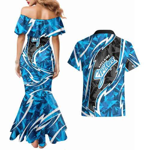 Adelaide Strikers Couples Matching Mermaid Dress and Hawaiian Shirt Flaming Lightning Storm Geometric Sports Mascot Art