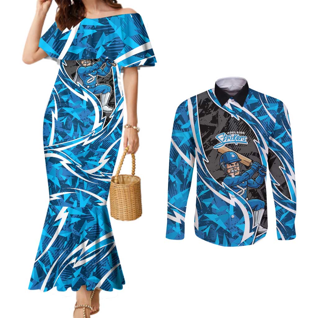 Adelaide Strikers Couples Matching Mermaid Dress and Long Sleeve Button Shirt Flaming Lightning Storm Geometric Sports Mascot Art