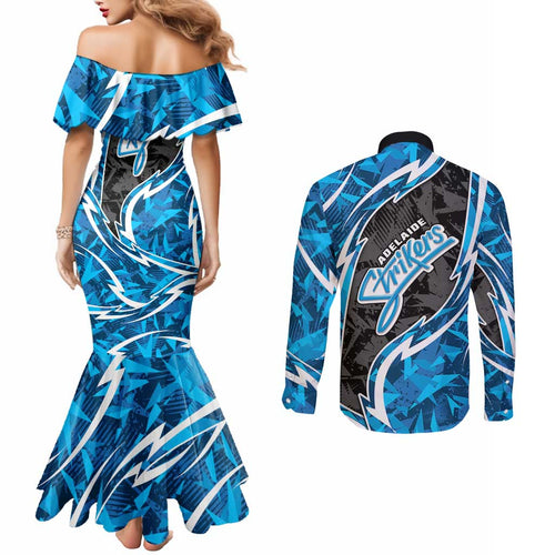 Adelaide Strikers Couples Matching Mermaid Dress and Long Sleeve Button Shirt Flaming Lightning Storm Geometric Sports Mascot Art