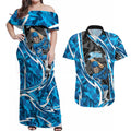 Adelaide Strikers Couples Matching Off Shoulder Maxi Dress and Hawaiian Shirt Flaming Lightning Storm Geometric Sports Mascot Art