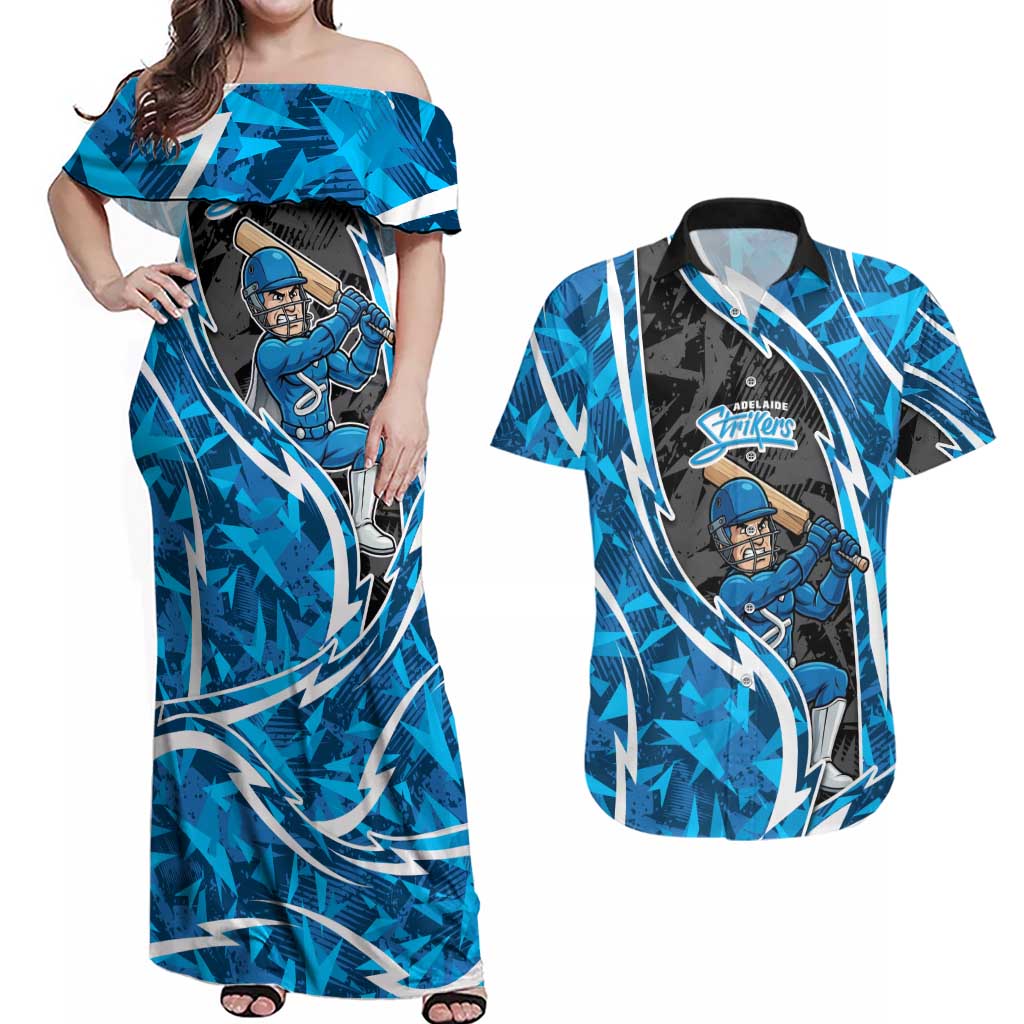 Adelaide Strikers Couples Matching Off Shoulder Maxi Dress and Hawaiian Shirt Flaming Lightning Storm Geometric Sports Mascot Art