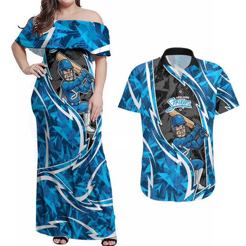 Adelaide Strikers Couples Matching Off Shoulder Maxi Dress and Hawaiian Shirt Flaming Lightning Storm Geometric Sports Mascot Art