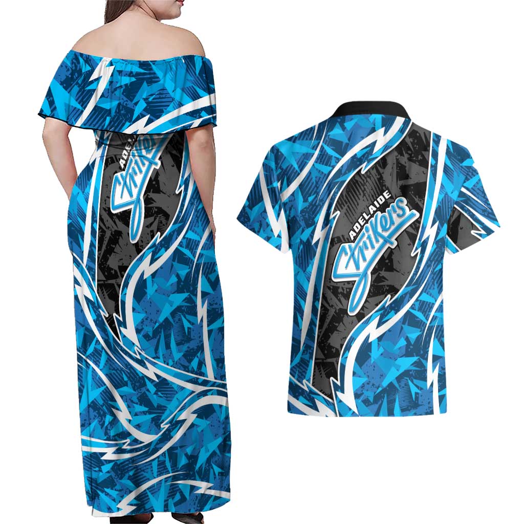 Adelaide Strikers Couples Matching Off Shoulder Maxi Dress and Hawaiian Shirt Flaming Lightning Storm Geometric Sports Mascot Art