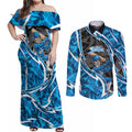 Adelaide Strikers Couples Matching Off Shoulder Maxi Dress and Long Sleeve Button Shirt Flaming Lightning Storm Geometric Sports Mascot Art