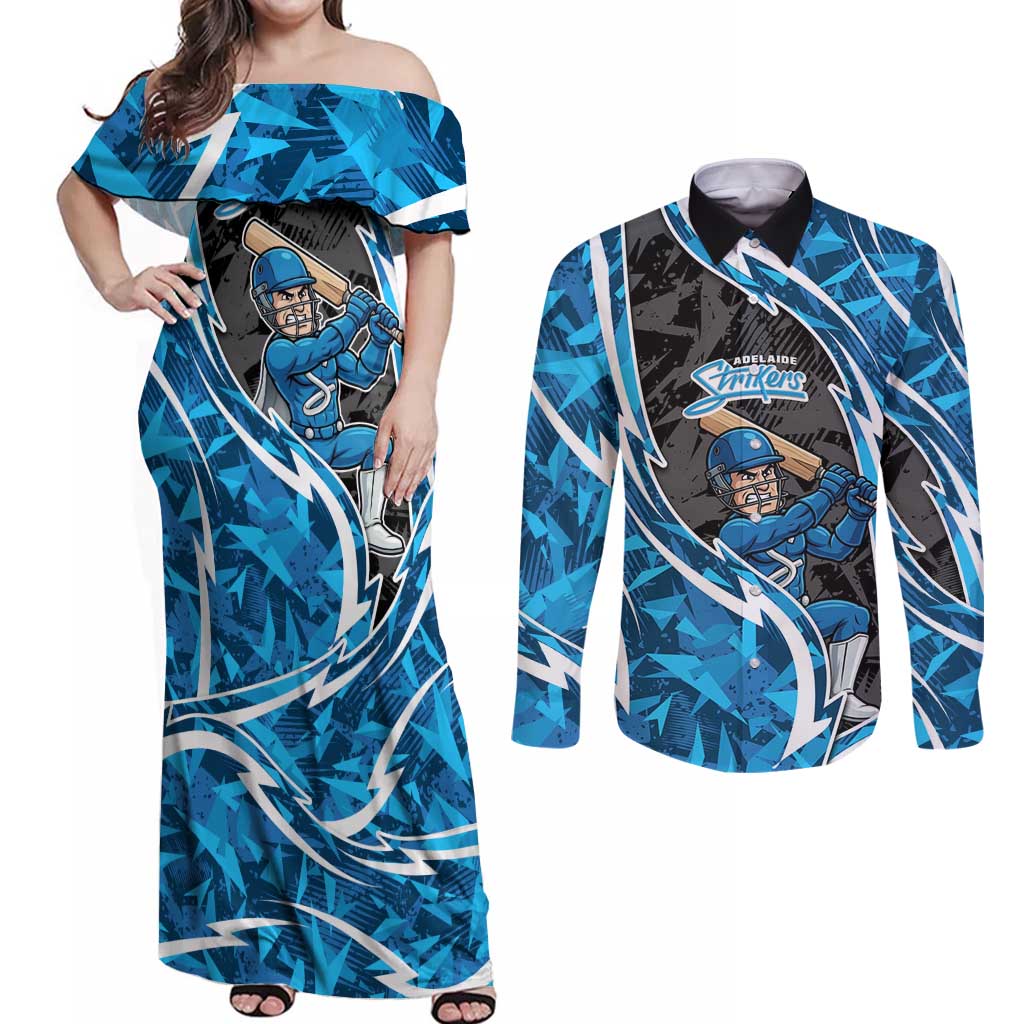 Adelaide Strikers Couples Matching Off Shoulder Maxi Dress and Long Sleeve Button Shirt Flaming Lightning Storm Geometric Sports Mascot Art