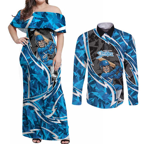 Adelaide Strikers Couples Matching Off Shoulder Maxi Dress and Long Sleeve Button Shirt Flaming Lightning Storm Geometric Sports Mascot Art