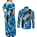 Adelaide Strikers Couples Matching Off Shoulder Maxi Dress and Long Sleeve Button Shirt Flaming Lightning Storm Geometric Sports Mascot Art