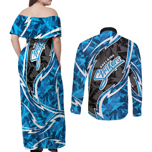 Adelaide Strikers Couples Matching Off Shoulder Maxi Dress and Long Sleeve Button Shirt Flaming Lightning Storm Geometric Sports Mascot Art