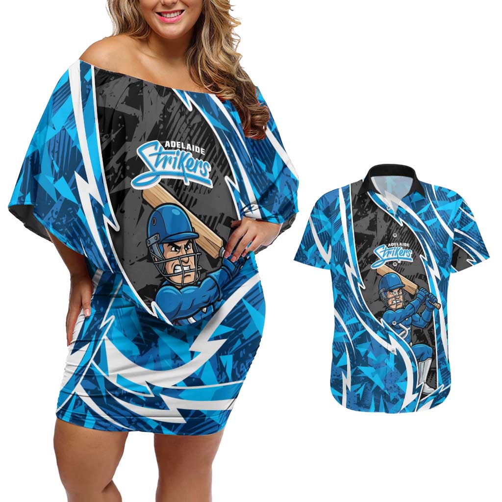 Adelaide Strikers Couples Matching Off Shoulder Short Dress and Hawaiian Shirt Flaming Lightning Storm Geometric Sports Mascot Art