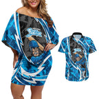 Adelaide Strikers Couples Matching Off Shoulder Short Dress and Hawaiian Shirt Flaming Lightning Storm Geometric Sports Mascot Art