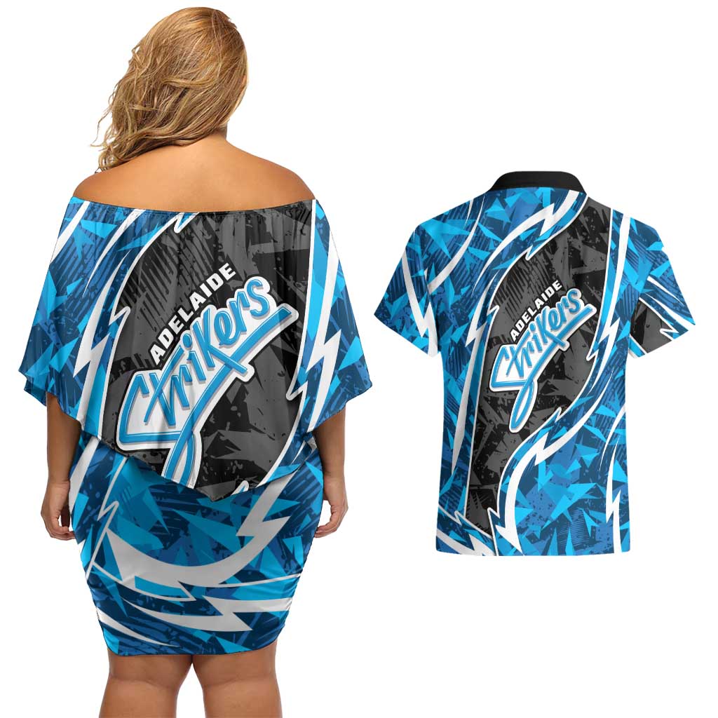 Adelaide Strikers Couples Matching Off Shoulder Short Dress and Hawaiian Shirt Flaming Lightning Storm Geometric Sports Mascot Art