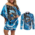 Adelaide Strikers Couples Matching Off Shoulder Short Dress and Long Sleeve Button Shirt Flaming Lightning Storm Geometric Sports Mascot Art