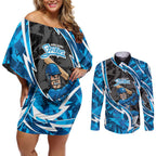Adelaide Strikers Couples Matching Off Shoulder Short Dress and Long Sleeve Button Shirt Flaming Lightning Storm Geometric Sports Mascot Art