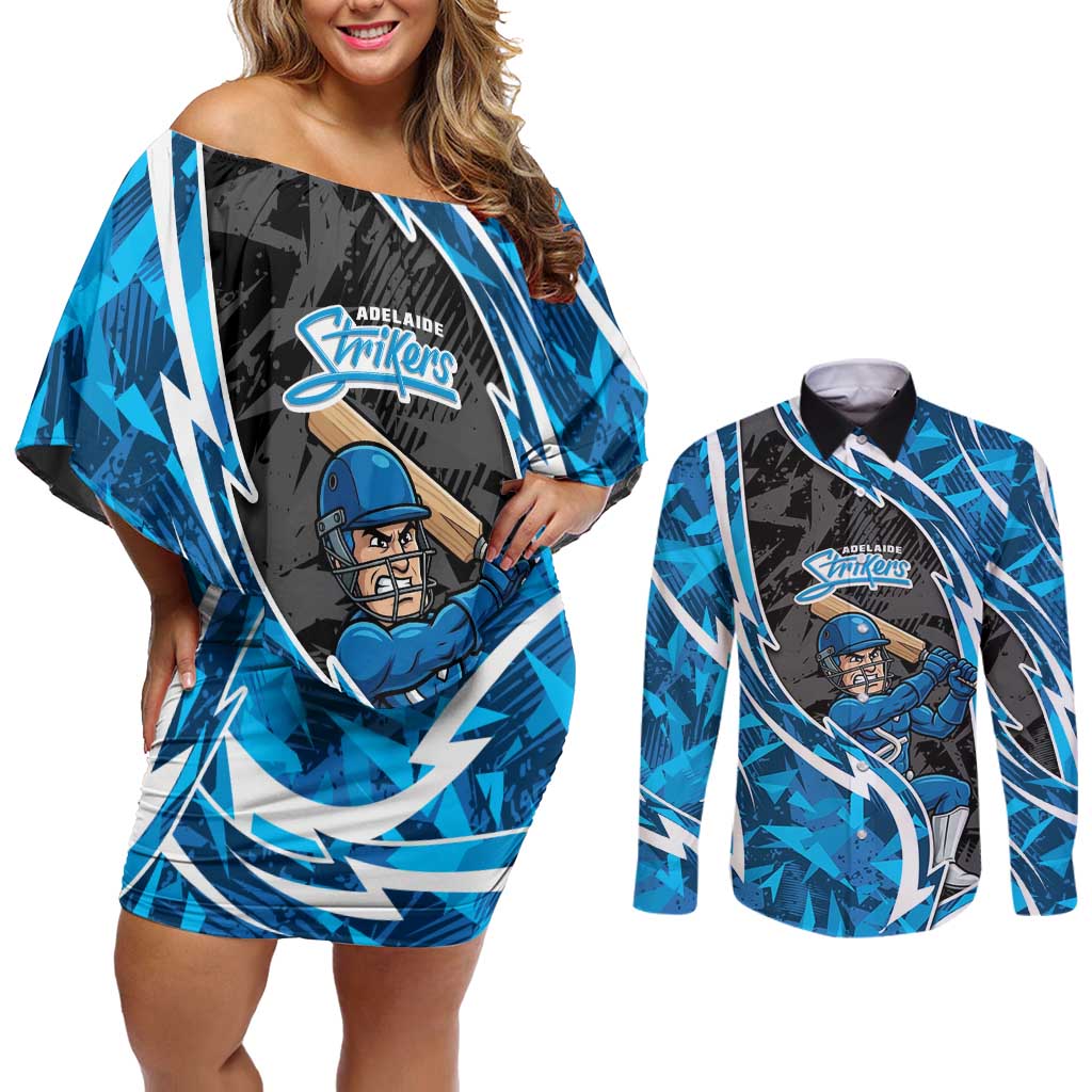 Adelaide Strikers Couples Matching Off Shoulder Short Dress and Long Sleeve Button Shirt Flaming Lightning Storm Geometric Sports Mascot Art