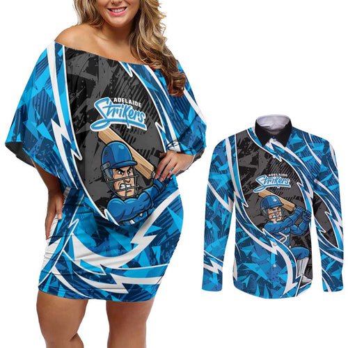Adelaide Strikers Couples Matching Off Shoulder Short Dress and Long Sleeve Button Shirt Flaming Lightning Storm Geometric Sports Mascot Art
