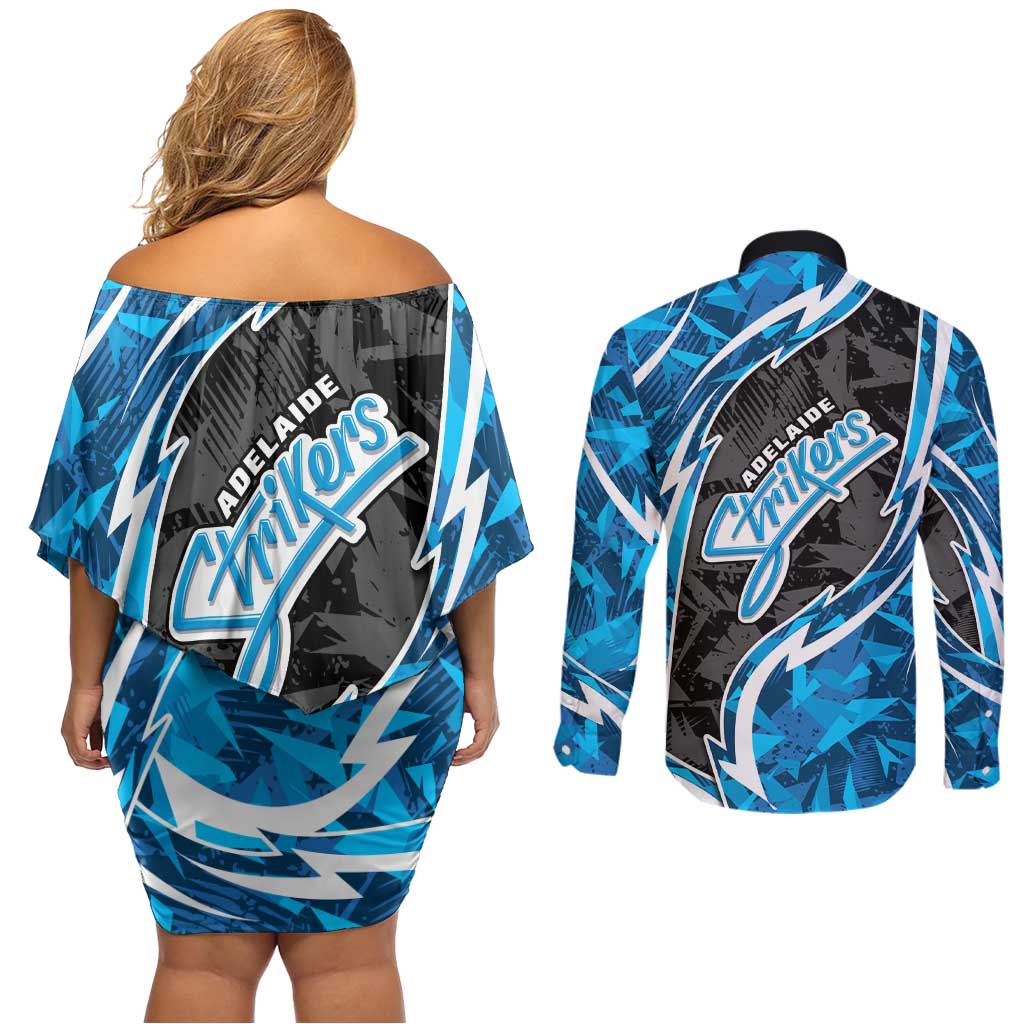 Adelaide Strikers Couples Matching Off Shoulder Short Dress and Long Sleeve Button Shirt Flaming Lightning Storm Geometric Sports Mascot Art