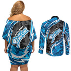 Adelaide Strikers Couples Matching Off Shoulder Short Dress and Long Sleeve Button Shirt Flaming Lightning Storm Geometric Sports Mascot Art