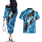 Adelaide Strikers Couples Matching Off The Shoulder Long Sleeve Dress and Hawaiian Shirt Flaming Lightning Storm Geometric Sports Mascot Art