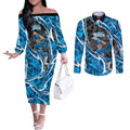 Adelaide Strikers Couples Matching Off The Shoulder Long Sleeve Dress and Long Sleeve Button Shirt Flaming Lightning Storm Geometric Sports Mascot Art