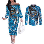 Adelaide Strikers Couples Matching Off The Shoulder Long Sleeve Dress and Long Sleeve Button Shirt Flaming Lightning Storm Geometric Sports Mascot Art