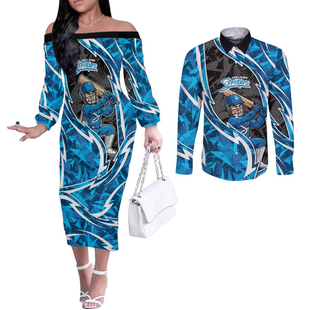 Adelaide Strikers Couples Matching Off The Shoulder Long Sleeve Dress and Long Sleeve Button Shirt Flaming Lightning Storm Geometric Sports Mascot Art