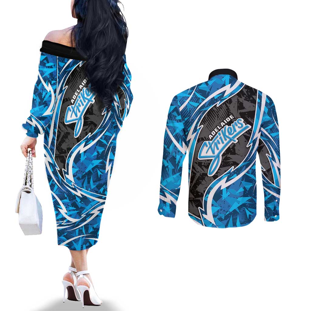 Adelaide Strikers Couples Matching Off The Shoulder Long Sleeve Dress and Long Sleeve Button Shirt Flaming Lightning Storm Geometric Sports Mascot Art